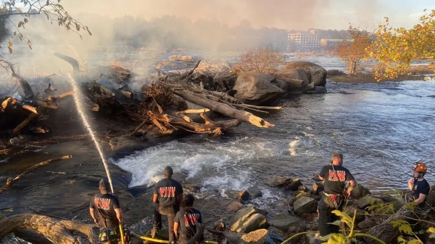 Richmond Fire crews respond to fire on log pile at Belle Isle