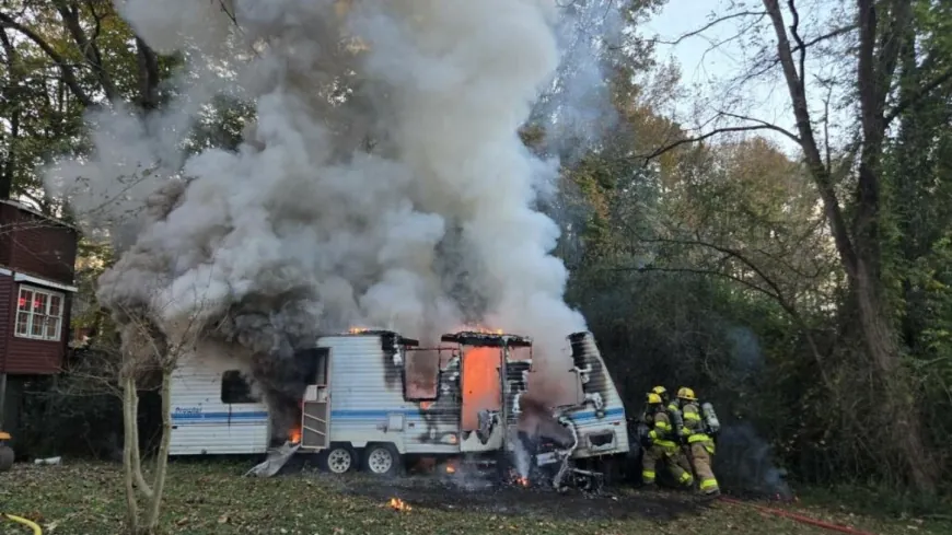 Camper destroyed after it catches fire in Chesterfield backyard