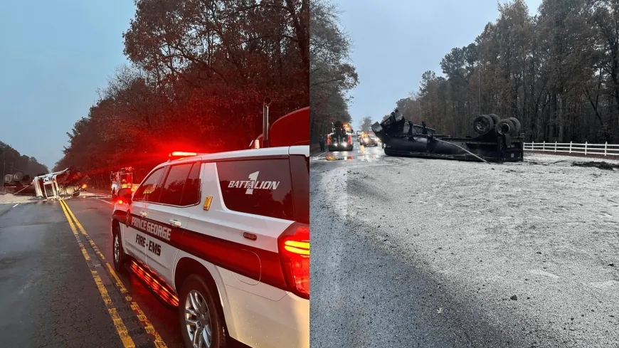 Prince George County firefighters manage tractor-trailer crash and Hazmat spill