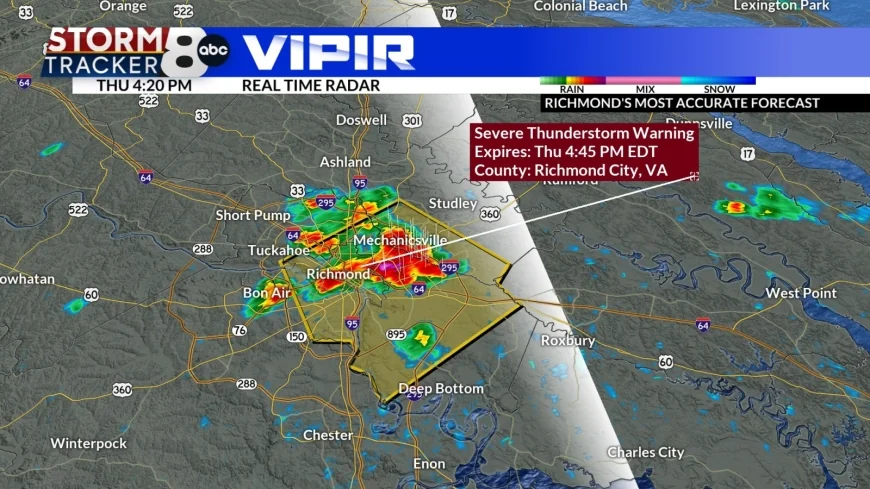 Severe thunderstorm warning issued for parts of Richmond area
