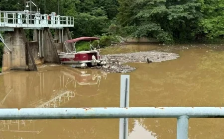 Boat stuck on dam in Chesterfield after heavy rainfall in the area