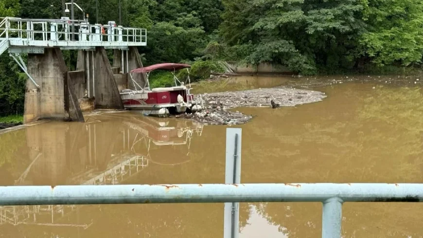 Boat stuck on dam in Chesterfield after heavy rainfall in the area