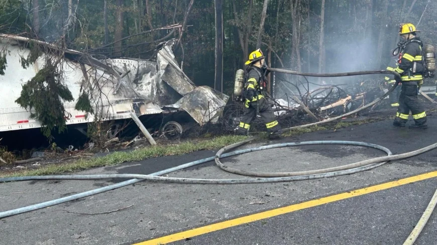Driver hospitalized after fiery tractor-trailer crash on I-295 South in Hanover