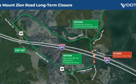Long-Term Road Closure starting Sept 22 – Full closure with detour in place through spring 2026 for I-64 bridge widening