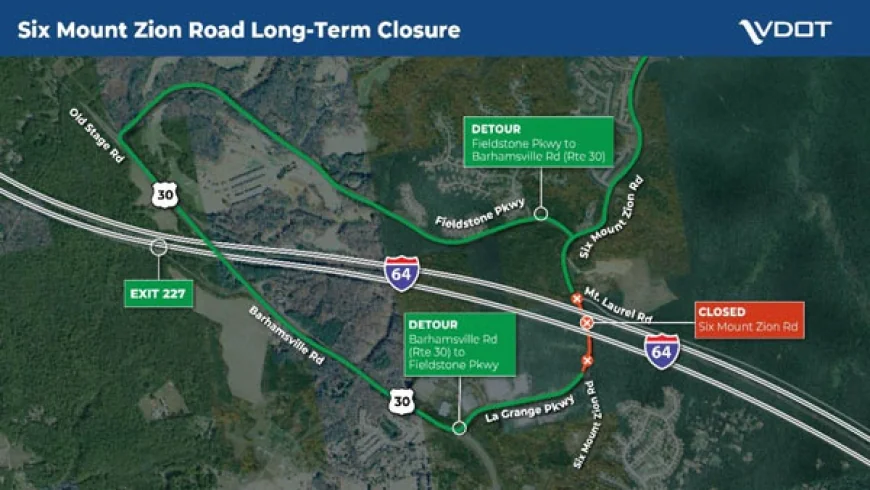 Long-Term Road Closure starting Sept 22 – Full closure with detour in place through spring 2026 for I-64 bridge widening