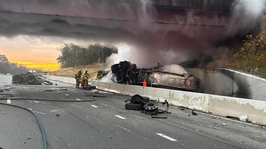 Tractor-trailer catches fire in crash on I-95 in Chesterfield County
